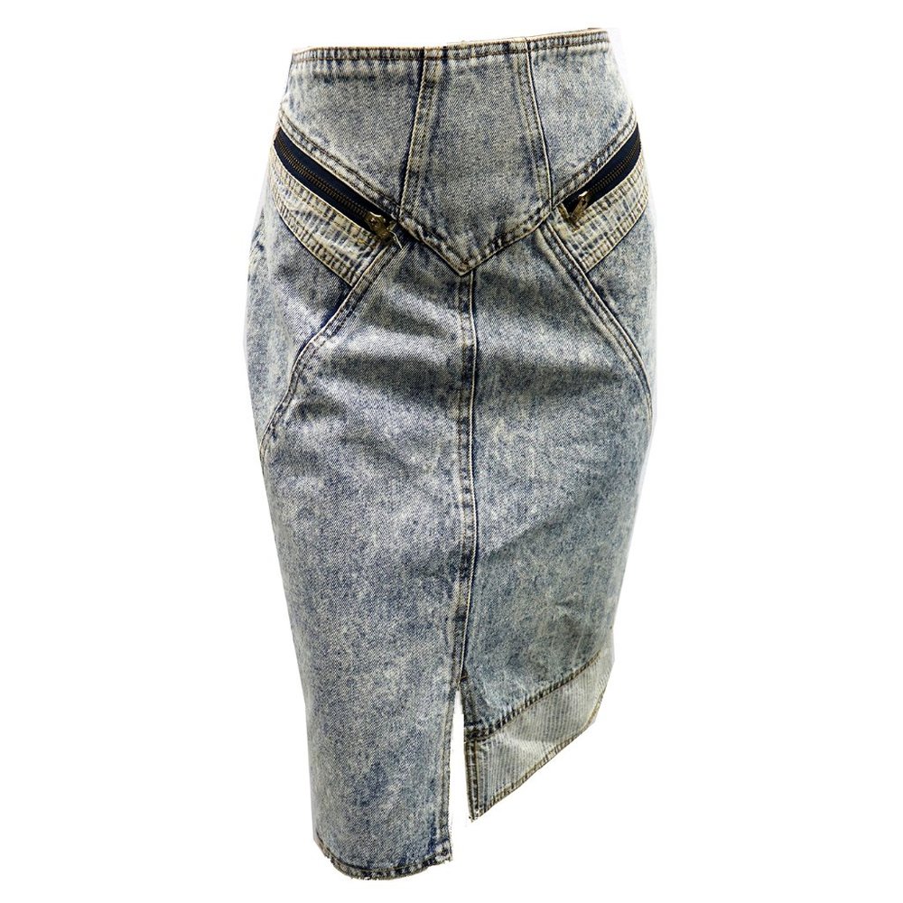 80s VINTAGE Light WASH Denim mini HIGH WAIST Skirt Zipper back 30
